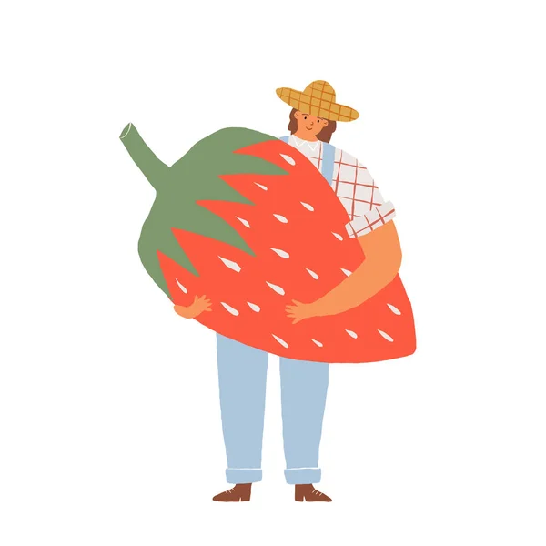Bäuerin mit Strohhut hält eine riesige frische Erdbeere in der Hand. Lokale, biologische und gesunde Ernährung und Veganismus-Konzept. — Stockvektor