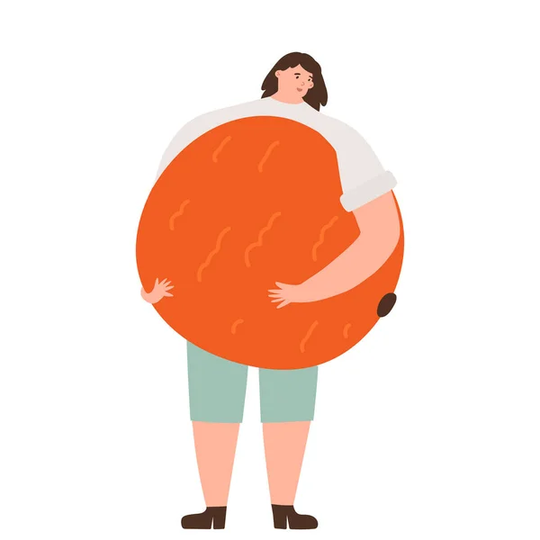 Счастливая женщина с огромным свежим апельсином. Ешьте местные, органические, доморощенные и здоровое питание и вегетарианство концепции. — стоковый вектор
