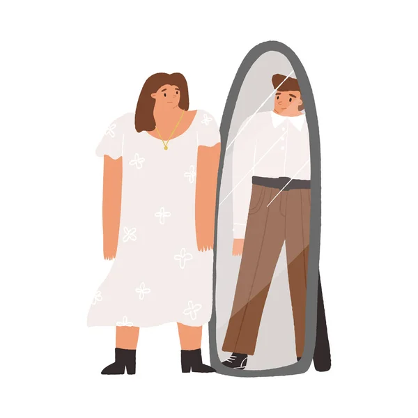 Frau schaut in den Spiegel und sieht einen Mann im Spiegelbild. Geschlechtsidentität, nicht-binäre, genderqueer oder genderfluide Konzepte — Stockvektor