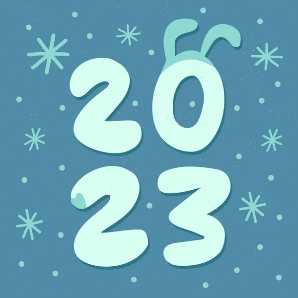 Biglietto di Capodanno, striscione. 2023 iscrizione con le orecchie e il naso di coniglio o lepre, simbolo dell'anno successivo, fiocchi di neve circondati Grafiche Vettoriali