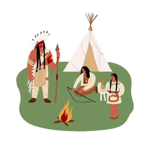 Capo o capo dei nativi americani, suo figlio, sua figlia che indossa costumi etnici che giocano, imparano. Teepee di Wigwam, falò. — Vettoriale Stock