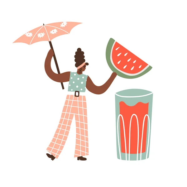 Женщина с зонтиком для коктейльной бумаги и огромным ломтиком арбуза под стаканом с соком, освежающим напитком, лимонадом. — стоковый вектор