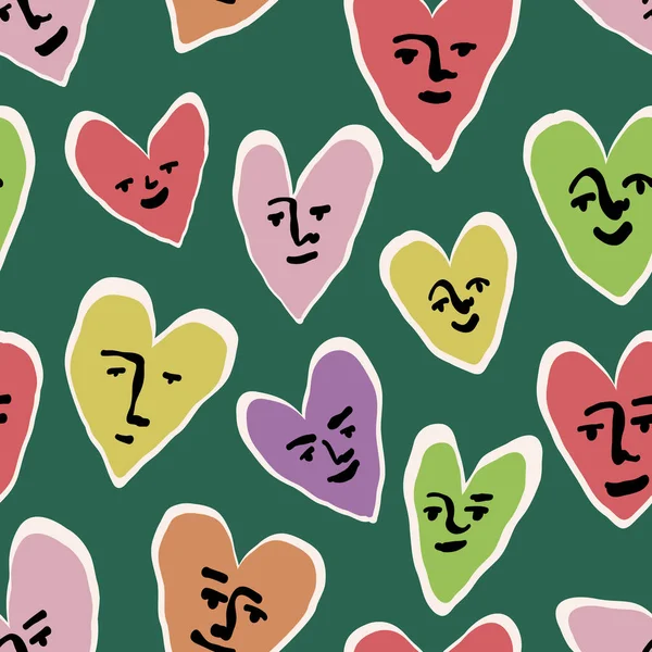 Modernes, nahtloses Muster mit Herzfiguren mit lächelnden Gesichtern. Valentinstag romantische Wiederholung mit bunten Herzen. — Stockvektor