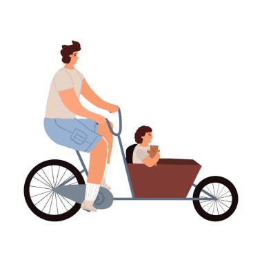 Adam kargo bisikleti ya da bakfiets bisikleti sürüyor. Oğlu arabada oyuncak taşıyor. Açık hava aile eğlencesi için taşımacılık, binicilik.