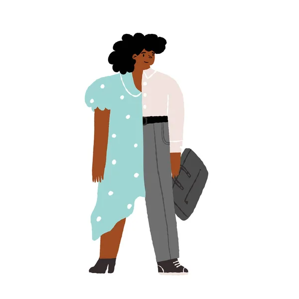 Egy nő ruhában és egy férfi az irodai öltönyben egy személyben. A munka és a magánélet egyensúlya, társadalmi szerep, nemi identitás fogalma — Stock Vector