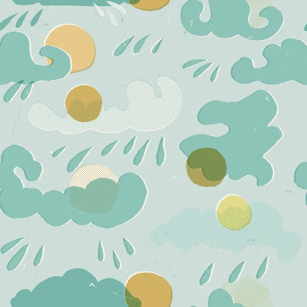 Retro style seamless pattern with various textured clouds and sun on blue sky background. Meteorology oriental repeat. — Stock Vector