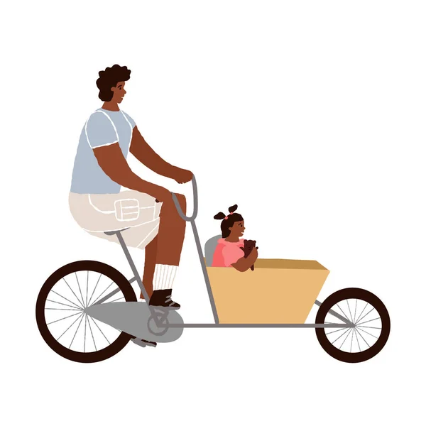 非洲裔美国人骑着货车，面包房的自行车，他的女儿坐在推车里。户外家庭娱乐活动 — 图库矢量图片