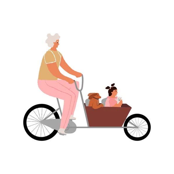 Äldre kvinna, mormor rider lastcykel, bakfiets med sitt barnbarn och hund. Familj utomhus aktiv tidsfördriv. Stockvektor