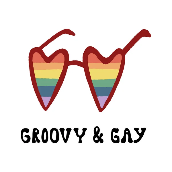 Hjärtformade glasögon med regnbågens hbtq-flagglinser, Groovy och Gay-bokstäver. Pride Month vektor illustration — Stock vektor