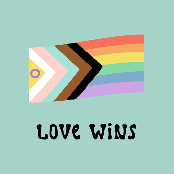 LGBTQの進歩性的インクルーシブな色とシンボルでプライドフラグを立て、ラブレタリングが勝利します。プライド月のお祝い. ベクターグラフィックス