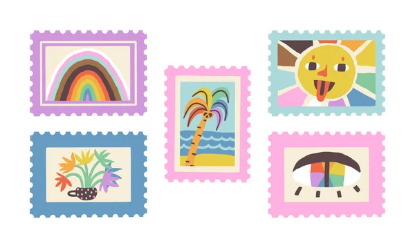 Nette Pride Month Celebration Briefmarken Coupons Eintrittskarten Sammlung Funky Sonne — Stockvektor