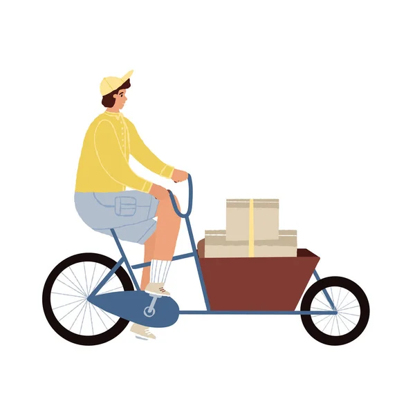 Levering Postdienst Koerier Uniform Rijden Een Bakfiets Bakfiets Pakketdozen Kar — Stockvector