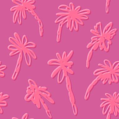 Groovy Palms, geriye dönük titreşimleri olan kusursuz bir model. Fuchsia ve pembe egzotik çizim avuç içleri tekstil, kumaş, duvar kağıdı ve ambalaj kağıdı için tekerrür ediyor. Vektör illüstrasyonu.