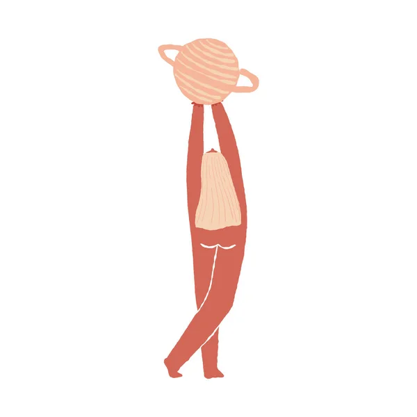 Милая Небесная Леди Розовыми Волосами Держащая Головой Планету Юпитера Могущественная — стоковый вектор