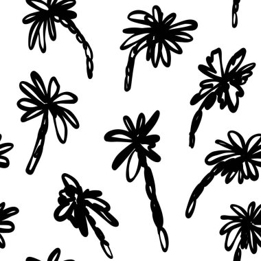 Çizimde avuç içi monokrom vektörsüz desen, tek çizgi ya da taslak tarzı. Tekstil, kumaş, duvar kâğıdı ve ambalaj kağıdı için egzotik çizim kağıtları tekerrür ediyor. Vektör illüstrasyonu.