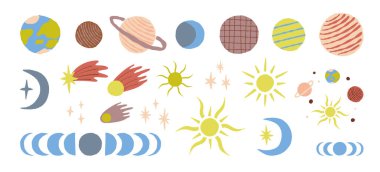 Göksel, kozmik bir küme. Evren, Güneş veya fantezi gezegen sistemi, Dünya ve diğer çeşitli gezegenler, Jüpiter, Hilal Ay, Güneş, kayan yıldızlar ve kuyruklu yıldızlar. Vektör alanı ögeleri koleksiyonu.