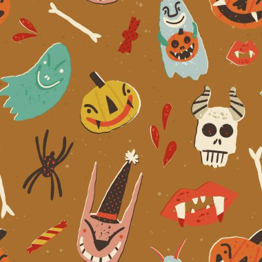 Retro Halloween vektörü kusursuz desen. Elle çizilmiş tüyler ürpertici balkabakları, ürkütücü hayaletler, yanan gözbebekleri, garip tavşanları, vampir dudakları ve şekerleri olan korkutucu sihirli yaratıklar..