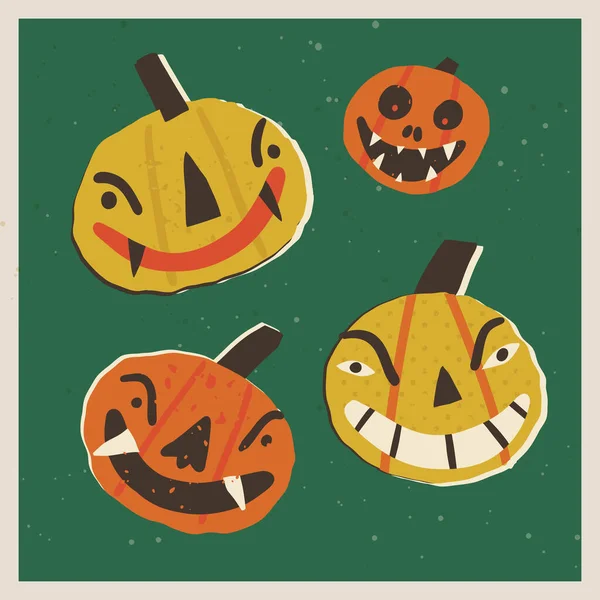 Creepy spooky Jack-o-lantern pumpkins with red pupils and scary smile, Halloween symbol. Retro style vector All Saints eve greeting card design.