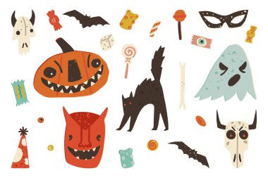 Retro Halloween klip seti. Ürkütücü balkabağı, hayalet, şeytan canavar, korkmuş kedi, yanan kırmızı gözbebekleri, kötü ruhlar, yarasa ve çeşitli şekerlemeleri olan ölümsüz kafatasları. Vektör elle çizilmiş koleksiyon.