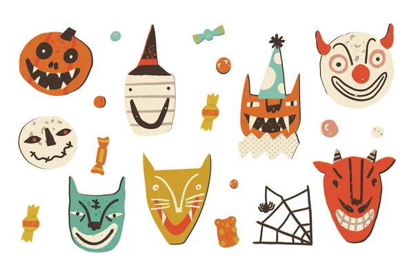 Retro Halloween vector clipart set. Hand-drawn Spooky pumpkin character, mummy, zombie and odd cats, scary clown, undead creatures, evil spirits or devil with horns, spider and his web, and sweets.