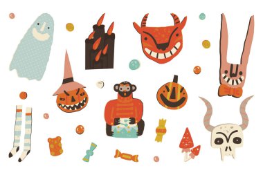 Retro Halloween klip seti. Ürkütücü balkabakları, hayaletler, boynuzlu şeytanlar, garip tavşanlar, korkutucu klasik oyuncaklar, koyu mumlar, sinek, canlı kafatası ve şeker. Vektör elle çizilmiş koleksiyon.
