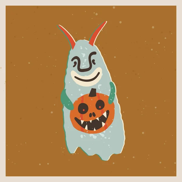 Halloween Retro Greeting Card Poster Creepy Odd Horned Devil Ghost — 图库矢量图片