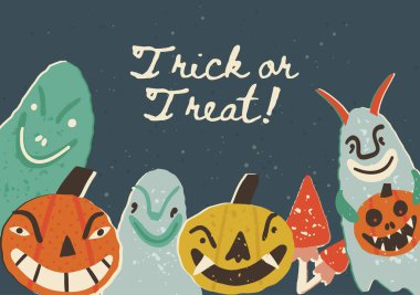Retro style vector Halloween greeting card design. Creepy Jack-o-lantern pumpkins with scary smiles, horned ghosts and fly agaric. Trick or Treat text.