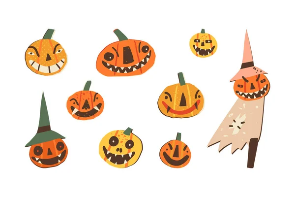Funny Halloween hand-drawn clipart set. Creepy Jack-o-lantern, spooky pumpkin, garden scarecrow to scare away crows. Retro style vector isolated illustration.