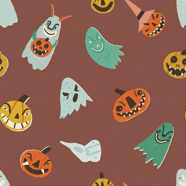 Retro Halloween Vector Seamless Pattern Creepy Jack Lanterns Witch Hat — 图库矢量图片