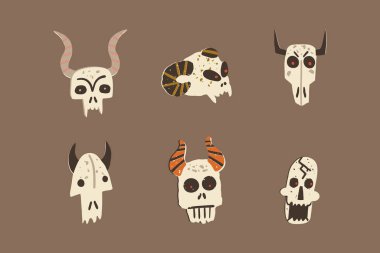 Retro-style Halloween alive skulls clipart set. Various magical creatures, devils, horned monsters skulls with burning eyes. Vector hand-drawn illustration for stickers, icons, and print design.
