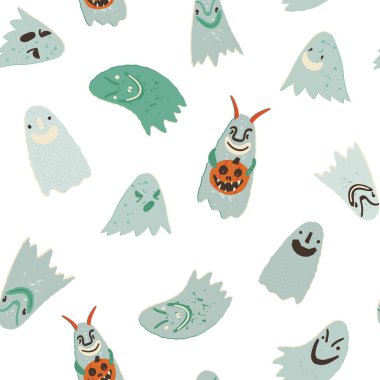 Halloween vector seamless pattern for fabric, wallpapers, wrapping paper, and other print and design. Creepy ghosts with burning eyes and spooky smiles, evil spirits, or boggart holding jack-o-lantern