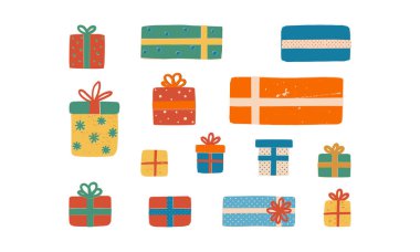 A set of various retro-style hand-drawn gift boxes with bows and ribbons, cute packs for Christmas presents, and birthday surprises. Vector illustration on isolated background for your design.