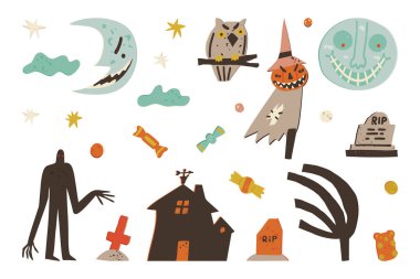 Halloween exterior clipart set. Spooky monsters, graves, scary empty ghost house, crescent, undead moon characters with creepy smiles, flying bats, owl, candy. Vector hand-drawn collection.