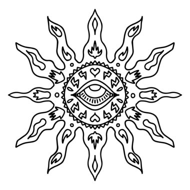 Esoteric mandala line art, outline, coloring page illustration. Vector Spiritual sun with the third eye in the middle, signs of lightning, love and hearts, palms. Concept T-shirt print illustration.