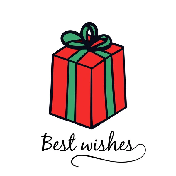 Best Wishes for Christmas, Birthday, holidays greeting card, ad banner, coupon, and gift certificate design. Doodle present, a cute sketch style gift box with a bow and ribbons. Vector illustration.