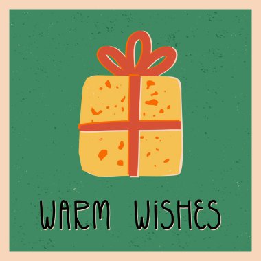 Cute Warm wishes lettering and a present, a gift box with a bow, and ribbons. Christmas, Birthday, and holiday retro-style greeting card. Vector hand-drawn illustration.