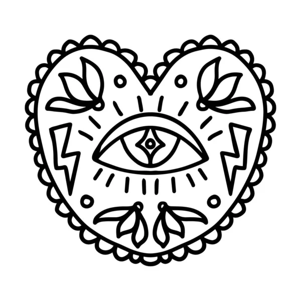 Esoterische Mandala Linienkunst Umriss Ausmalbild Vektor Spirituelles Herz Mit Dem — Stockvektor