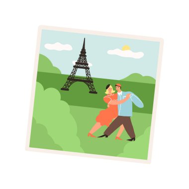 Cute France vacation pic, the landscape with sightseeing attractions, photography of the couple dancing, and the Eiffel Tower in the background. Save the memories concept. Vector illustration.