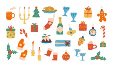 Noel yemeği özellikleri, Noel ağacı süslemeleri, hediye kutuları vb. olan şirin bir retro Noel klişesi. Vektör izole illüstrasyon, etiket koleksiyonu.