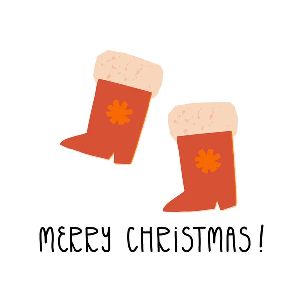 Carino Buon Natale Disegno Biglietto Auguri Con Scritte Mano Stivali — Vettoriale Stock