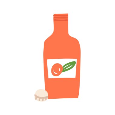 Portakallı limonata cam şişe açtı, soğuk narenciye içeceği, ev yapımı veya organik içecek, vitamin suyu. İzole edilmiş vektör el çizimi illüstrasyon.