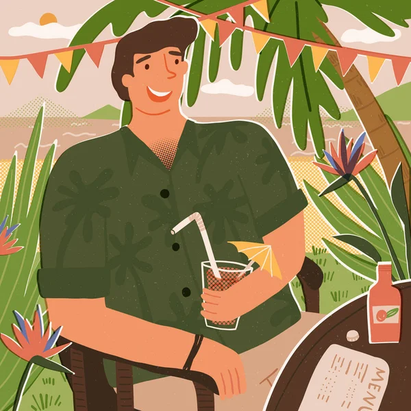 Guy Vacation Relaxing Exotic Country Enjoys Refreshing Drink Beach Cafe — Vector de stock