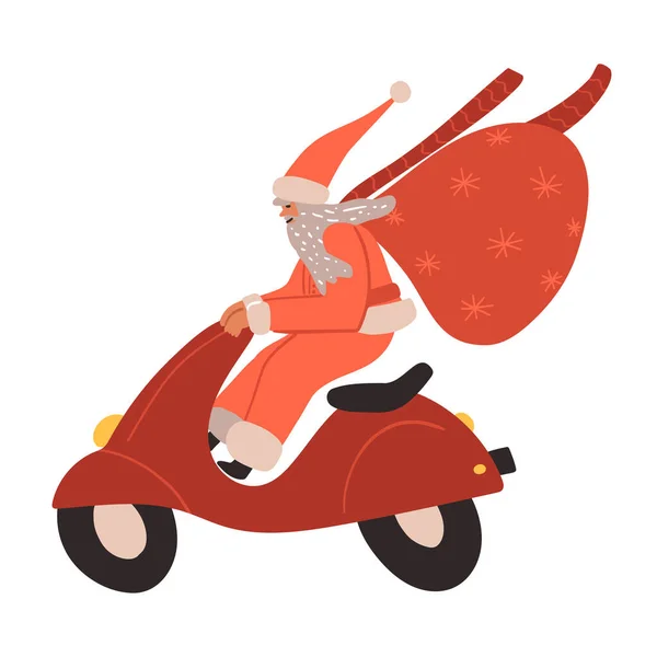 Biker Père Noël Conduite Folle Sur Son Scooter Rétro Rouge — Image vectorielle