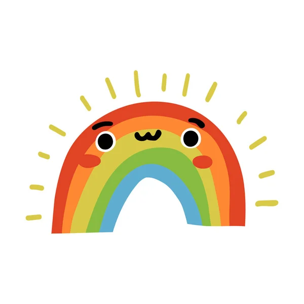 大きな目と笑顔 子供っぽい幸せのシンボルを持つかわいい超かわいい幸せな虹のキャラクター 手描きの子供のベクトルイラスト — ストックベクタ