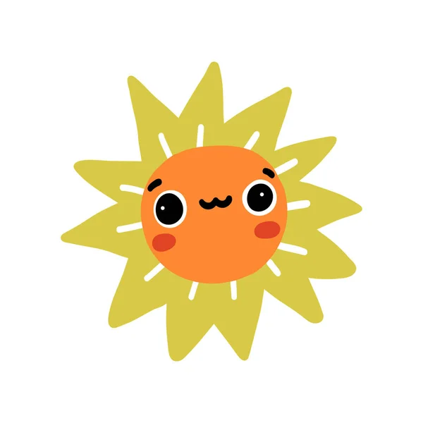 大きな目と笑顔 子供っぽい幸せのシンボルを持つかわいい超かわいい幸せな太陽のキャラクター 手描きの子供のベクトルイラスト — ストックベクタ
