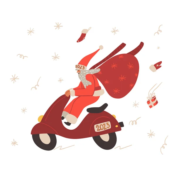 Biker Santa Claus Driving Crazy His Red Retro Scooter Wind — Stock Vector