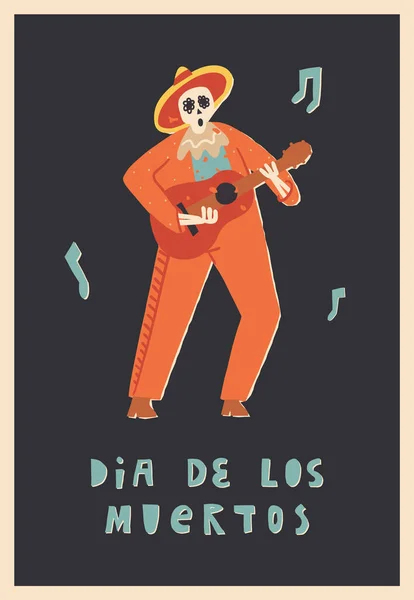 웃기는 음악가해 기타를 노래를 부른다 Dia Los Muertos 플라이어에게 인사를 — 스톡 벡터