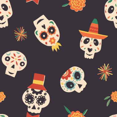 Geleneksel Meksika şapkası şapkası şapkası şapkası şapkası, kadife çiçekleri ve havai fişek takan, çeşitli bıyıklı şeker kafataslarıyla ölü vektörün kusursuz desenli olduğu gün. Dia De Los Muertos Tatil tekrarı.