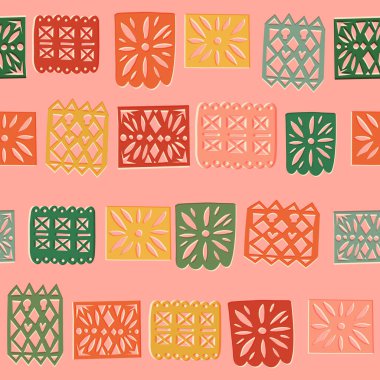 Meksika papel picado retro tekrar ya da geleneksel bayram kağıt kesim kiriş vektör dikişsiz desen, delinmiş renkli kağıt çelenk, el yapımı bayraklar. Dia de Los Muertos ya da Ölü Dekor Günü