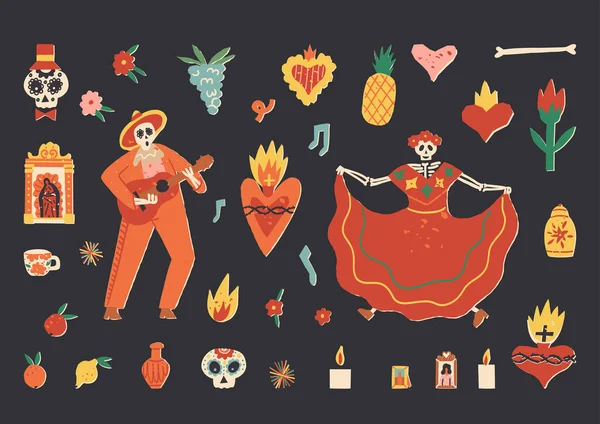 Коллекция Векторных Клипов Dia Los Muertos День Мертвых Танцующая Катрина — стоковый вектор